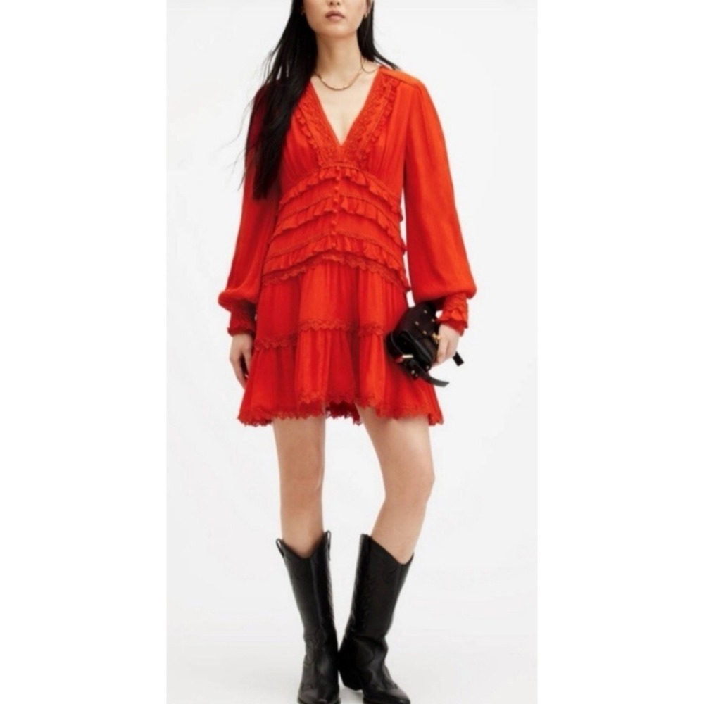 NWT AllSaints Zora Floral Ruffle Mini Dress Sz 8 US - Red Tiered $299 - Picture 5 of 16